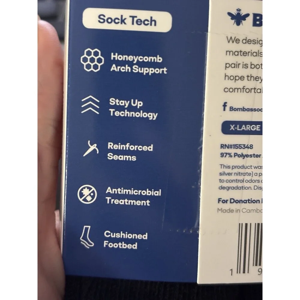 NEW Bombas Crew Socks Men Size XL Black Calf Honeycomb Arch Support